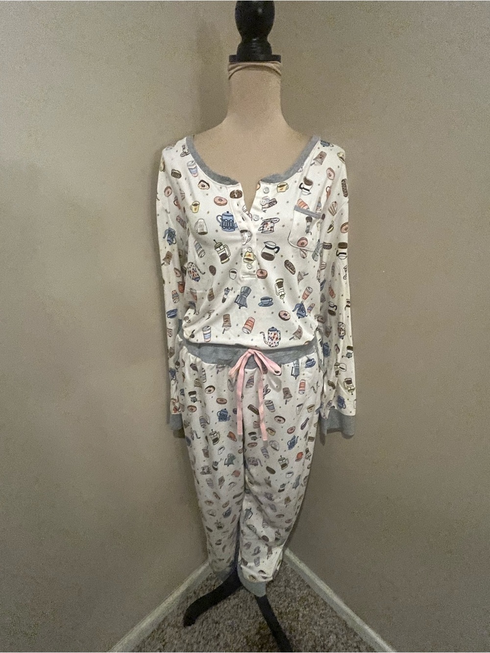 Cuddl Duds White Coffee Time Print PJ Set with Gray Trim Pink Drawstring, XXL